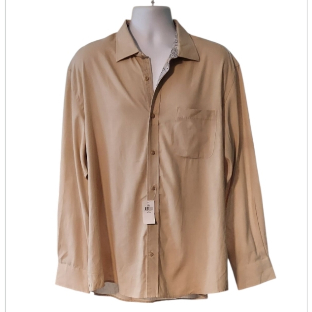 NWT TALLIA Men's Tan With Print Trim Button-Down Shirt Sz XL/17.5